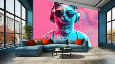  of fantasy character with cat head in sunglasses and headphones wearing white jacket listening to music against pink and blue background Wall mural